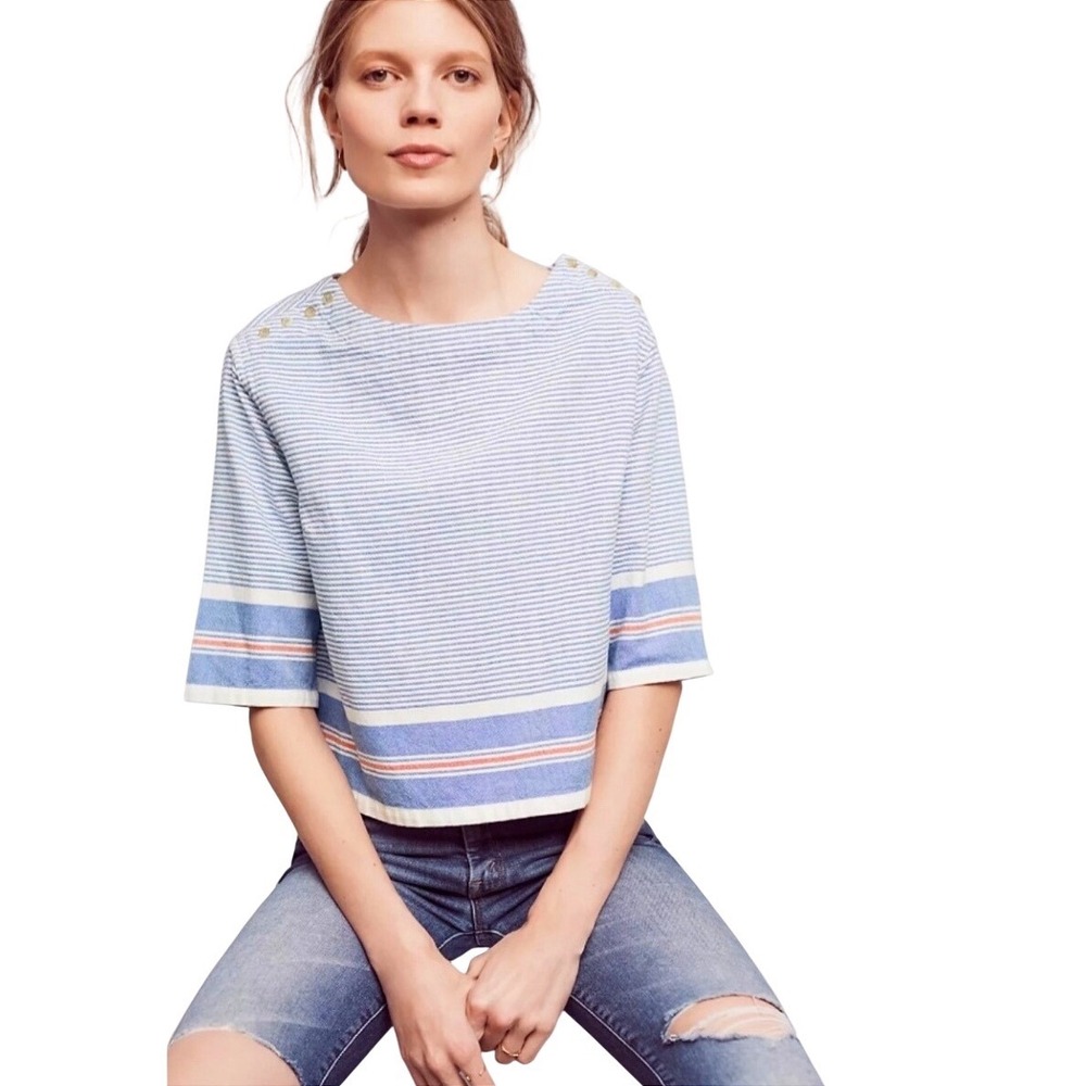 Maeve Sullivan Nautical Blue White Striped Boxy Top Blue Button Shoulder Small‎